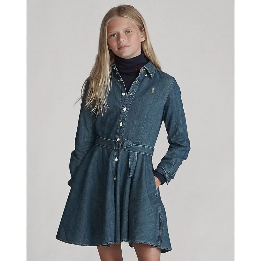 Polo Ralph Lauren Girls Belted Cotton Denim Shirtdress
